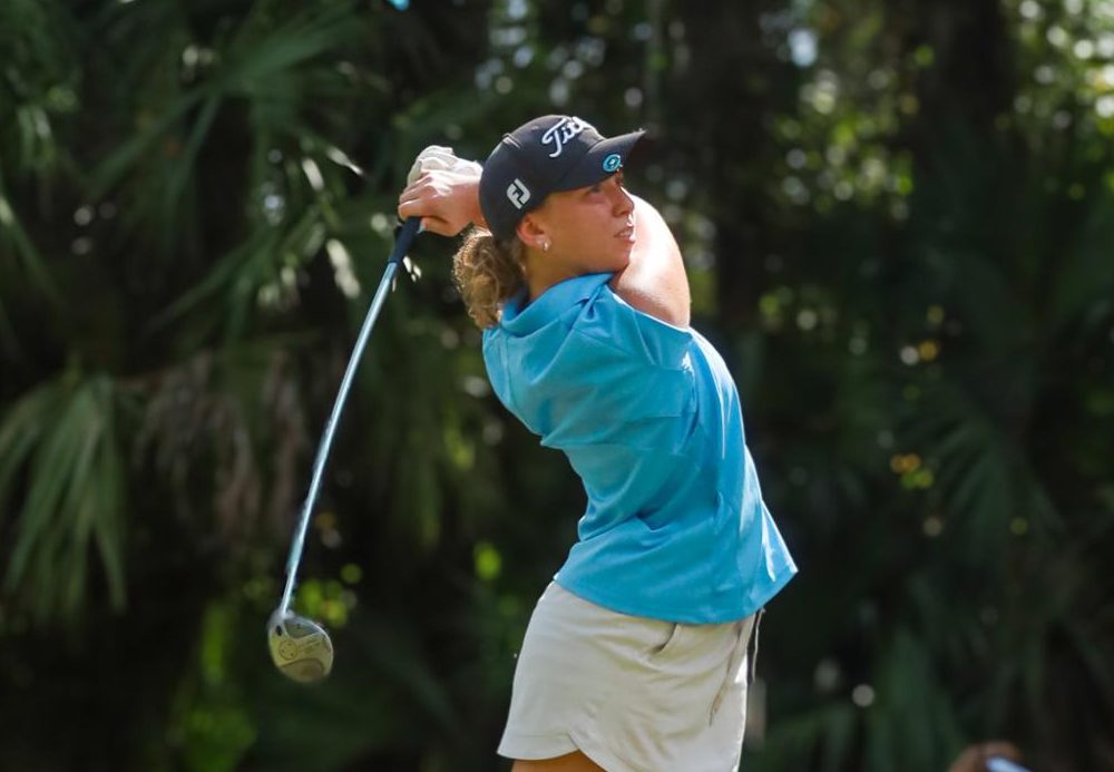 Senior Gabriella Heina goes off the tee at the SAC Tournament.  Heina has an average around the high 30s to low 40s on nine holes. 