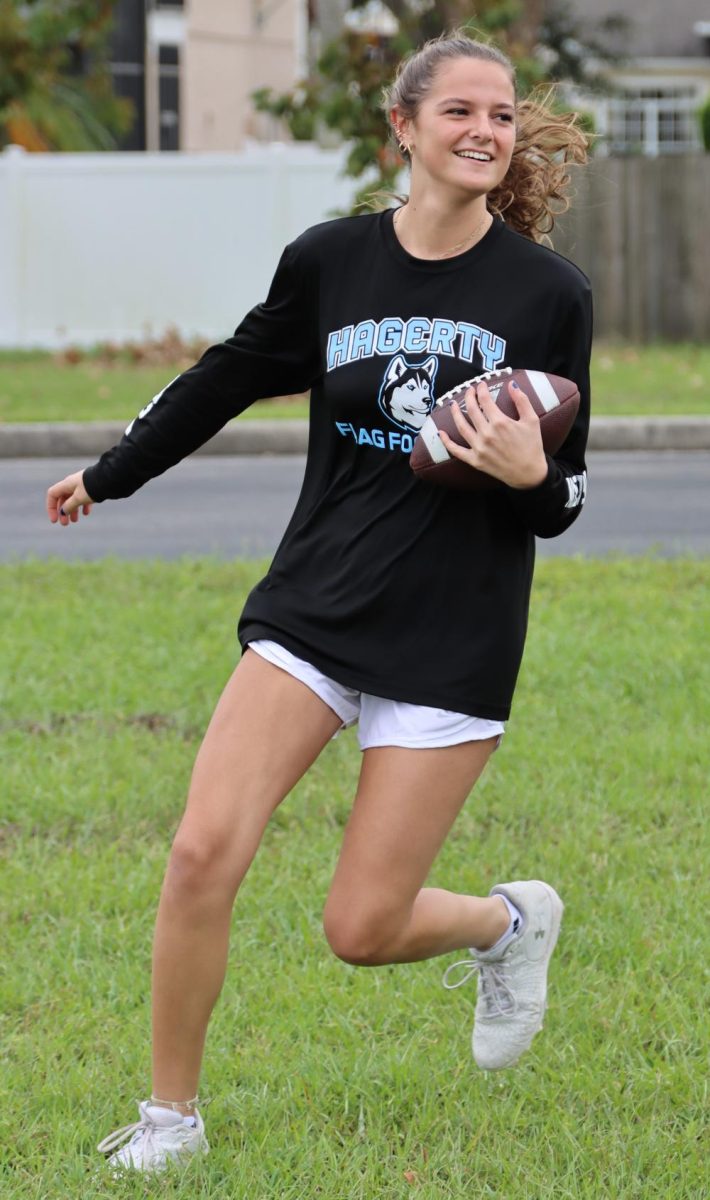 Senior Marin Mandell runs offensive plays at powderpuff practice.