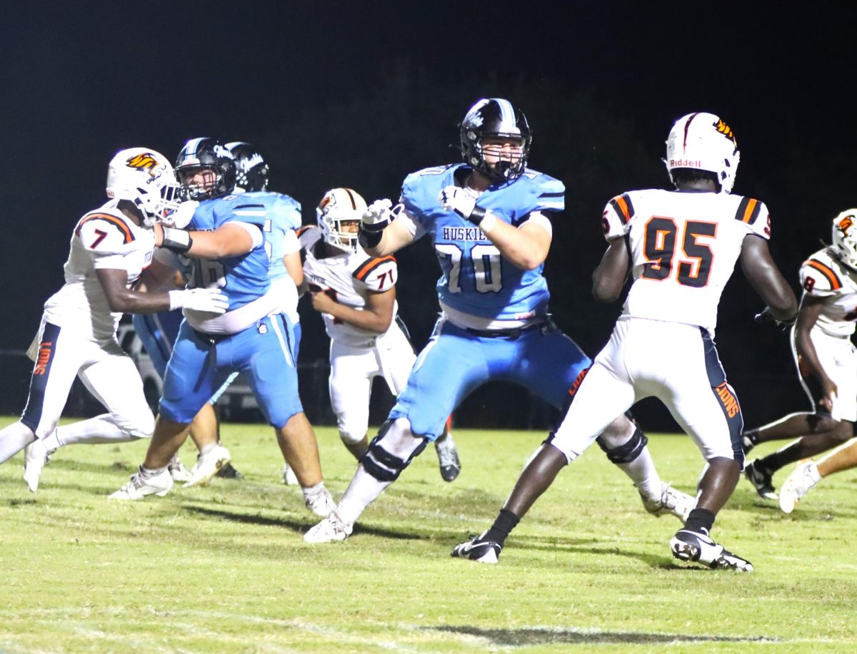 Offensive lineman Bradley Sealander blocks during the Hagerty-Oviedo game. The team will take on Lake Brantley on Monday, Oct. 14, despite missing most of their practice dates due to Hurricane Milton.