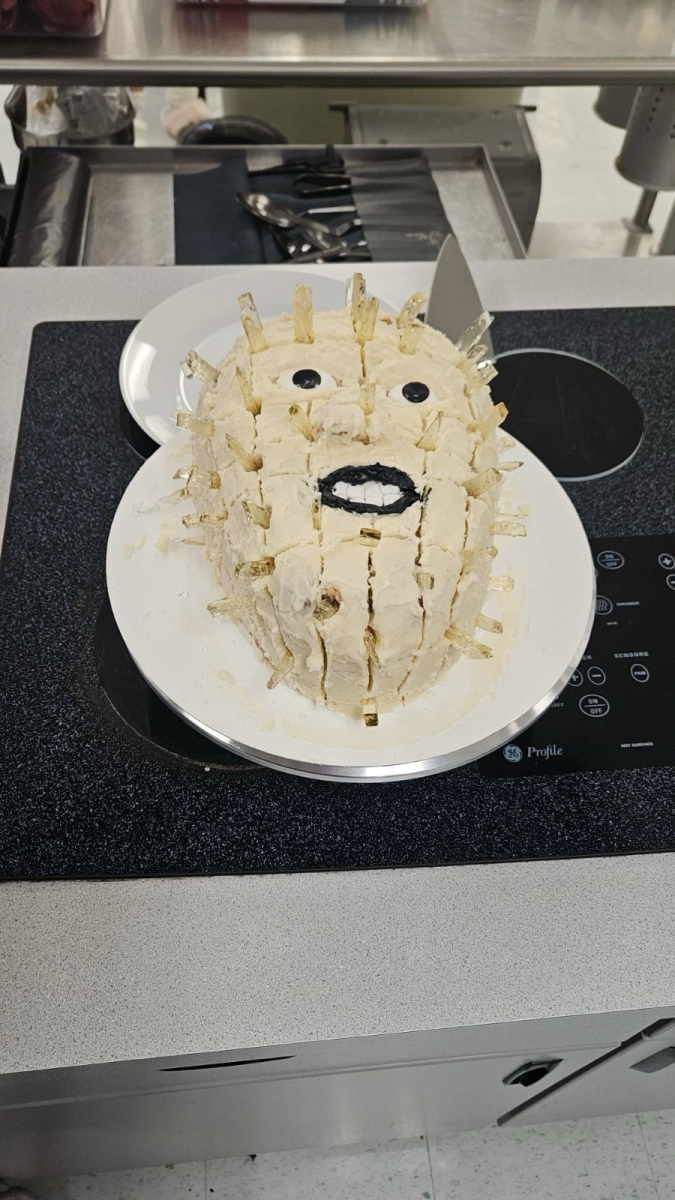 The Hellraiser cake made in fourth period has a caramelized sugar design, imitating the spikes sticking out of the character Pinhead.