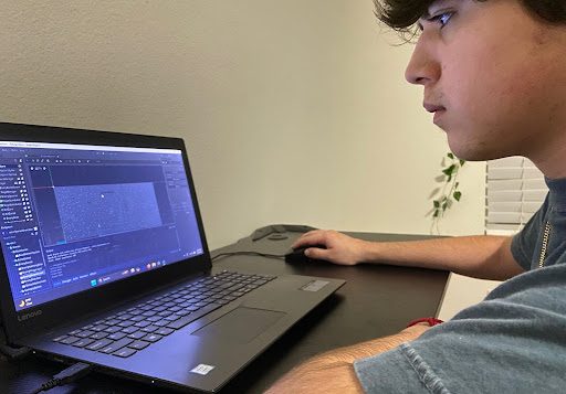 Senior Jorge Jordan uses the Godot game editor and C# script to program his game, Galaga-Clone. Photo by Jorge Jordan