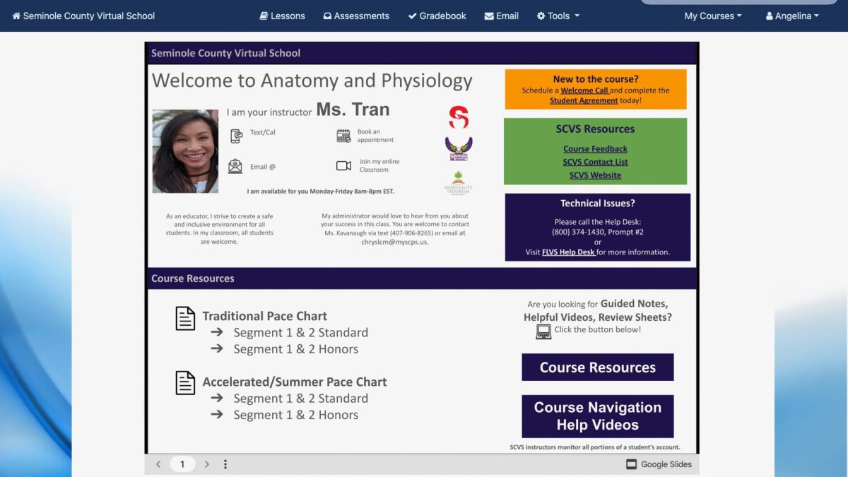 Senior Angelina Yip takes Anatomy and Physiology online and opens to the teacher's main page before starting a lesson or completing an assignment. This page gives her access to all support resources and a calendar of important dates. There are also multiple tabs through which she can access course material.