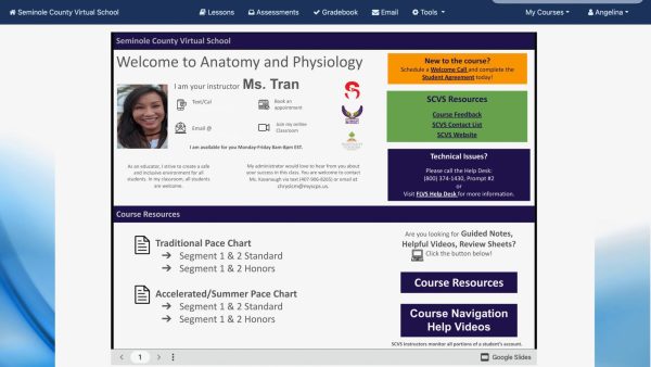 Senior Angelina Yip takes Anatomy and Physiology online and opens to the teacher's main page before starting a lesson or completing an assignment. This page gives her access to all support resources and a calendar of important dates. There are also multiple tabs through which she can access course material.