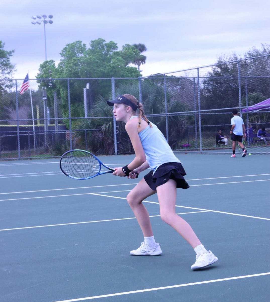 Freshman Abigail Rawls playing line one doubles. 