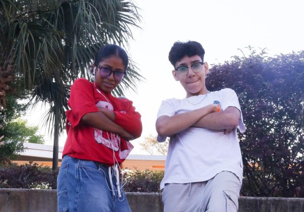 Freshmen Gabriella Gaetan and Lorenzo Chain in retro-inspired clothes