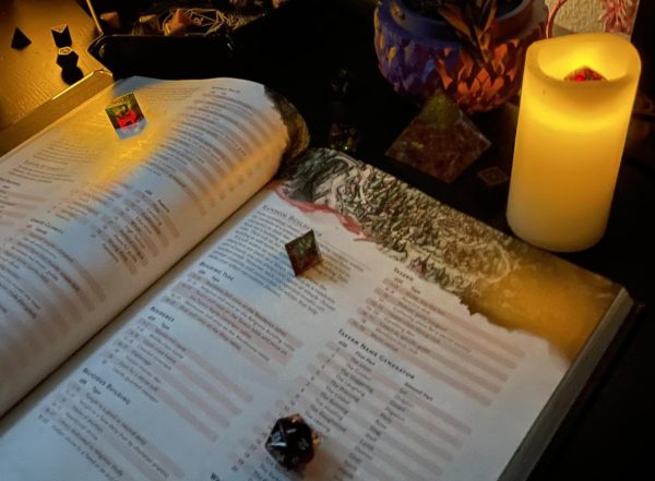 A player's handbook sits beneath dice surrounded by candles. DMs usually have a physical copy of the handbook on hand during sessions. Photo l Dee Floyd. 