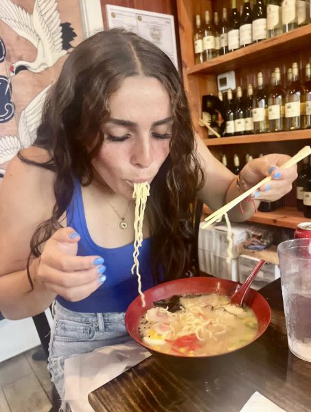 Senior Ana Roman eats a bowl of Ramen as one of her content creations. Roman has 52k followers on TikTok. (Photo provided by Ana Roman.)