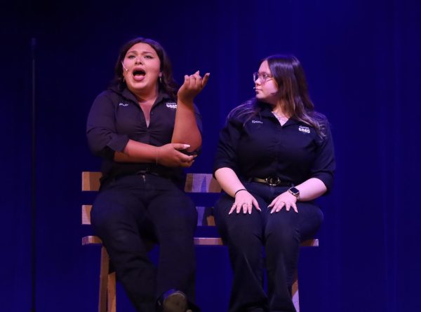 Seniors Natalie Rodriguez and Katana Henderson sing their duet, "Marry the Man Today" from "Guys and Dolls," at the annual Thespian Cabaret. The theme of the event was "It Goes In Cycles" in honor of 20 years of Hagerty theater.