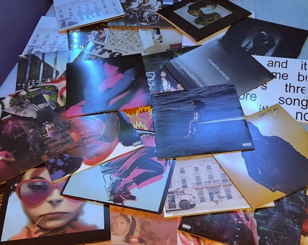 Freshman Nathan Bowen's vinyl collection. Featuring Doja Cat, Ariana Grande, SZA, Charli XCX and more. Photo by Nathan Bowen
