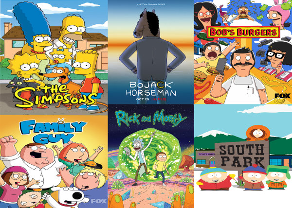 "The Simpsons," "BoJack Horseman." "Bob's Burgers," "Family Guy," "Rick and Morty," and "South Park," are all adult animated sitcoms.  The adult animated sitcom genre has been steadily getting more popular since the 90's and has had countless additions since then.