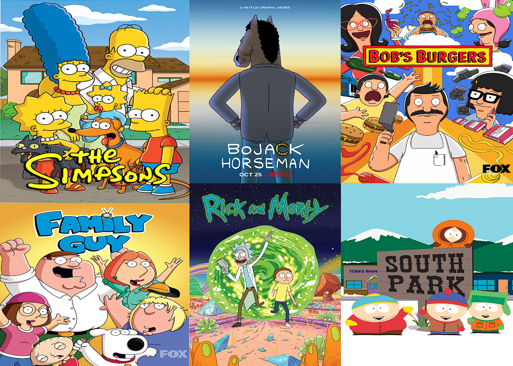 "The Simpsons," "BoJack Horseman." "Bob's Burgers," "Family Guy," "Rick and Morty," and "South Park," are all adult animated sitcoms.  The adult animated sitcom genre has been steadily getting more popular since the 90's and has had countless additions since then.