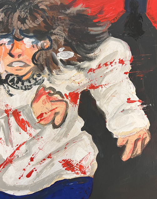 Strzalko knew she wanted to have a slasher piece because of the movie Scream. She emphasized horror by the girl’s expression and used a knife to create the blood splotches.

