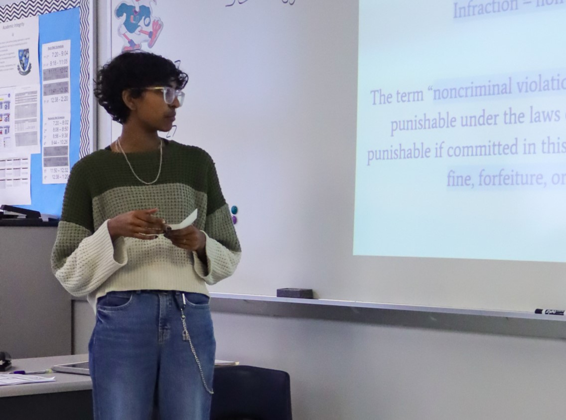 Legal Systems student Shreeya Rajakumar gives a presentation. Presentations are a key assignment in Legal Systems and Concepts.