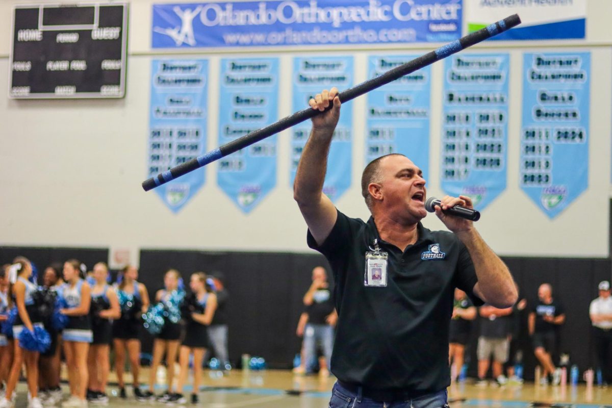 Principal Robert Frasca hypes up the gym full of students cheering loud for the spirit stick. In the end the seniors were the loudest and won the spirit stick.


