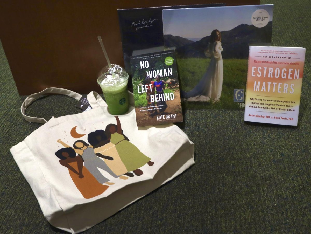 Contents of the average performative male’s totebag, including Laufey and Phoebe Bridgers vinyls. 