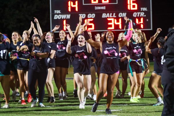 Seniors celebrate their powderpuff win of 16-14 against the juniors, marking the second senior win in a row.