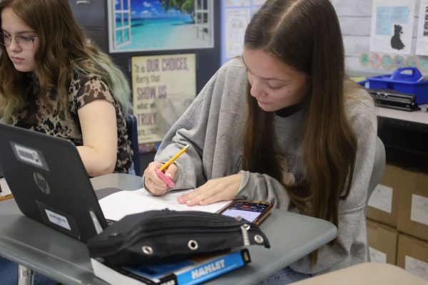 Senior Hanna Denning works on her blackout poetry assignment. This is one of the many assignments involving poetry.