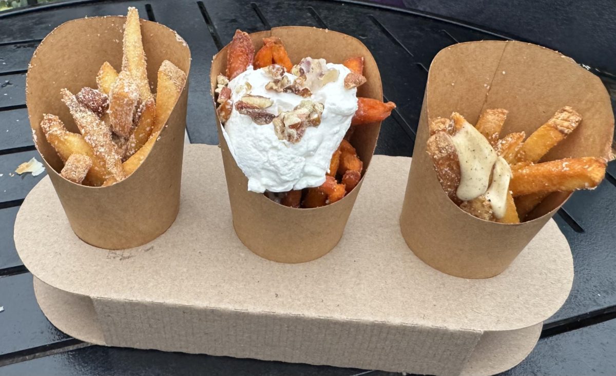 The Fry Flight from The Fry Basket. From left to right: fries with vinegar and salt, sweet potato fries with whipped cream and fries with truffles and black garlic aioli.