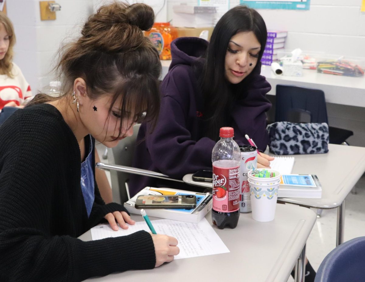 In Christine Forza's English IV class, Sabria Sego writes an analysis of Hamlet during fourth period. Unlike Sego, many students take English and other core classes online, and increased use of online learning, artificial intelligence and social media have all contributed to declining student literacy rates.