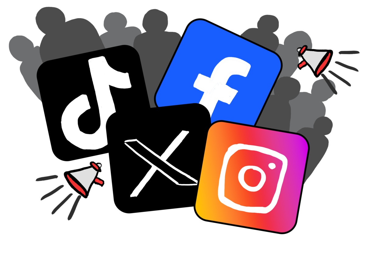 Illustration of social media, such as X (Twitter), Instagram, Facebook and TikTok.
