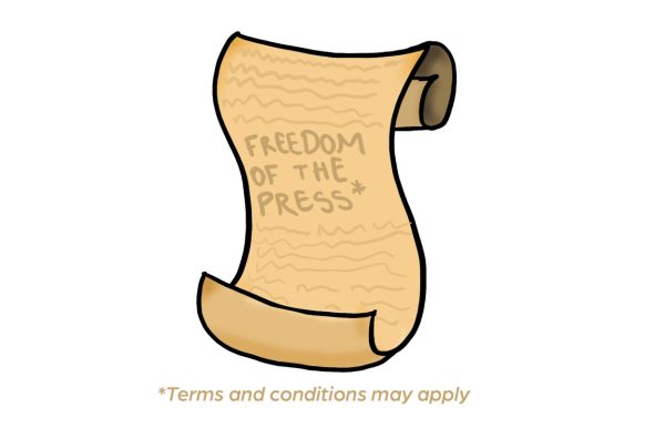 A digital illustration demonstrates the limitations placed on freedom of the press. The lack of liberties granted to student publications limits their ability to accurately represent the school population.