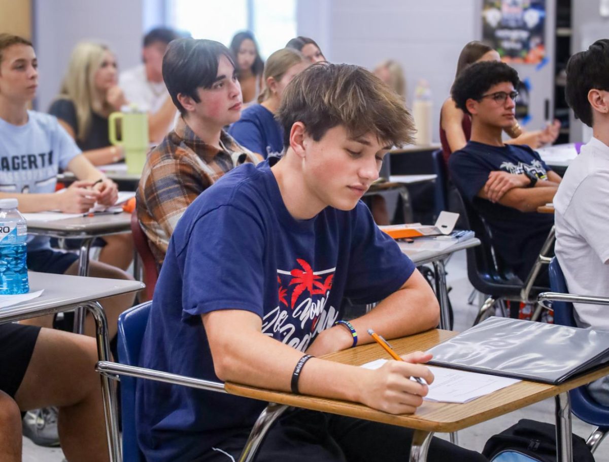 Senior Gavin Simmons working on AP Macro homework nearing graduation. Photo by Juana Gomez.