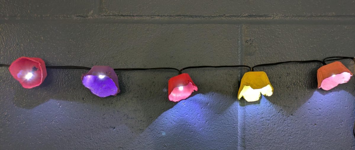 Adorable egg-carton flowers adorn the string of fairy lights. They are a great way to add a touch of whimsy to a room.