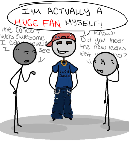 A typical LARPer interrupts a conversation between 2hollis fans. LARPers can be found everywhere, but are especially prominent in musical artists’ fanbases (Illustration by Madison Feise).