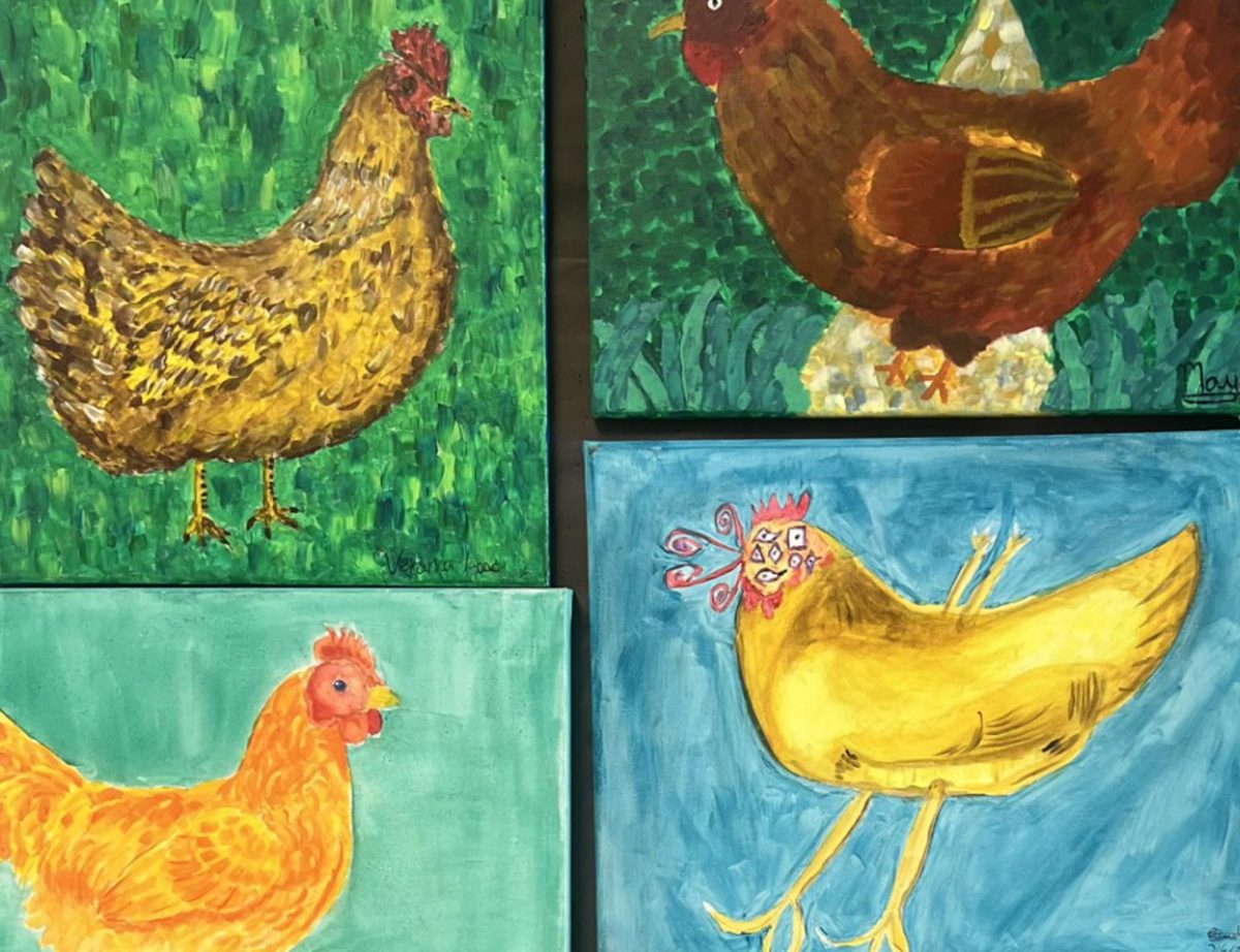 Students participate in the chicken-themed art showcase. Attributing new styles of art into their pieces, they earned recognition and spots in the showcase. Photo by art teacher Omar Otero. 