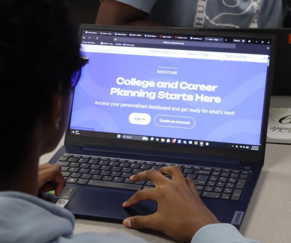 Junior Ali Abdelrahim logs in to his College Board account. Students have access to many resources like College Board that will aid them in their college prep.