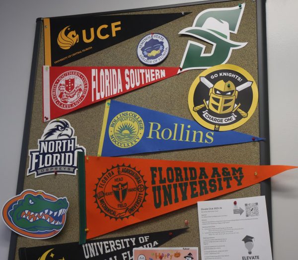 In Dr. Fuhrer's office, banners of Florida colleges. With summer rapidly approaching, upcoming seniors focus on where they want to attend college.